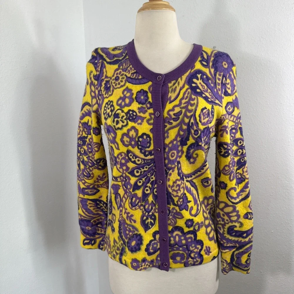 Kate Spade Cardigan‎ Womens S Paisley Floral Wool Psychedelic Statement Kni